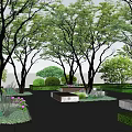 Park Landscape With Lush Trees Paved Stone Pathway Stone Benches Trimmed Bushes And Purple Flowers