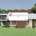 Modern Detached House With Brown And White Facade In Green Lawn Surrounded By Trees