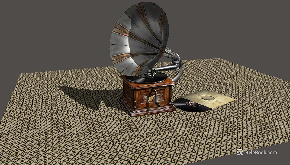 Vintage Gramophone With Wooden Base Metal Horn And Vinyl Record On Checkerboard Surface 3d model 