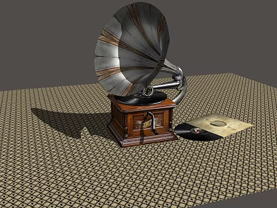 Vintage Gramophone With Wooden Base Metal Horn And Vinyl Record On Checkerboard Surface 3d model