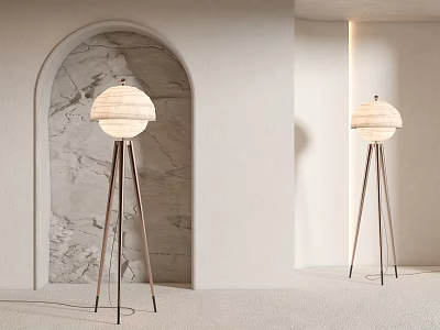 Modern Floor Lamp with Woven Shade and Thin Metal Stand in Minimalist Room with Archway 3d model