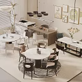 Modern Cream Style Dining Table and Chair Combination Long Table Round Table Island Table Dining Table and Chair Combination Restaurant Chandelier 3d model