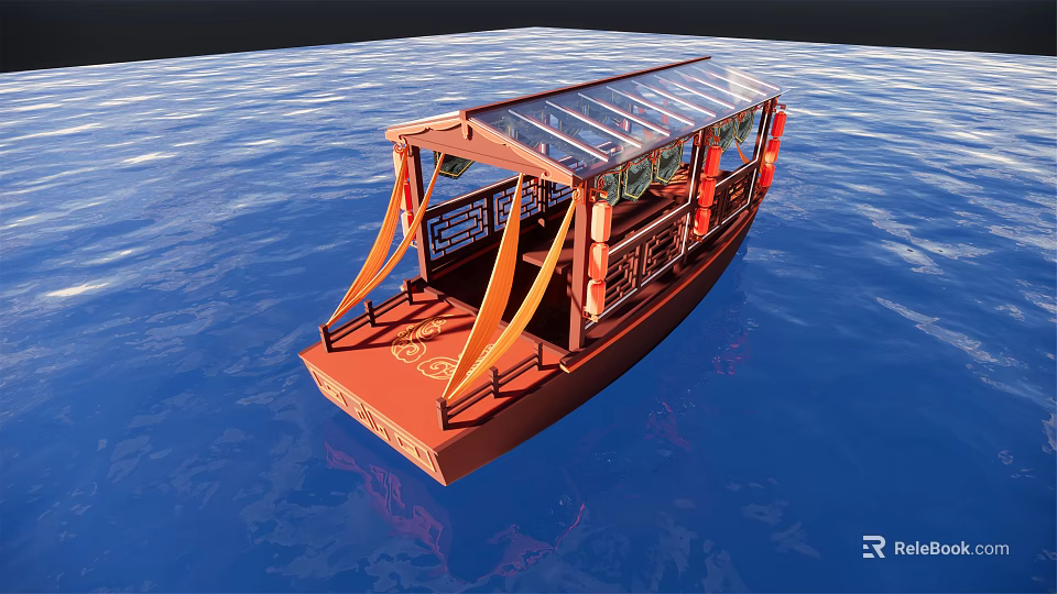 Traditional Wooden Boat With Transparent Roof And Orange Curtains On Blue Water 3d model 