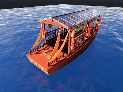 Traditional Wooden Boat With Transparent Roof And Orange Curtains On Blue Water 3d model