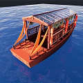 Traditional Wooden Boat With Transparent Roof And Orange Curtains On Blue Water