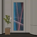 Textured Blue Pink Decorative Painting With Vase Green Plants And Light Shadow