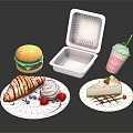 Assorted Food Including Burger Croissant Cake Pink Milkshake Open Takeout Container And Plates With Berries
