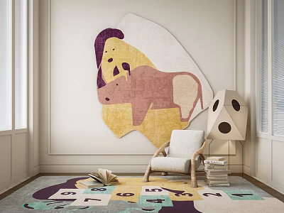 Stylish Animal Pattern Rug In Living Room With Chair And Lamp 3d model
