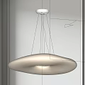 White Modern Minimalist Chandelier with Round Flat Disc Shaped Shade Suspended by Thin Wires