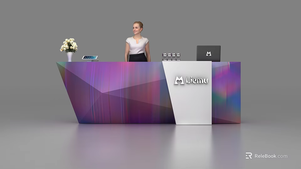 Modern Geometric Reception Desk With Colorful Surface Receptionist Flower Vase And Laptop 3d model 