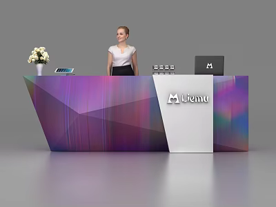 Modern Geometric Reception Desk With Colorful Surface Receptionist Flower Vase And Laptop 3d model