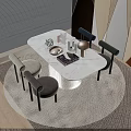 Stylish Dining Table Set with Marble Tabletop Round Base and Multicolored Armrest Chairs 3d model