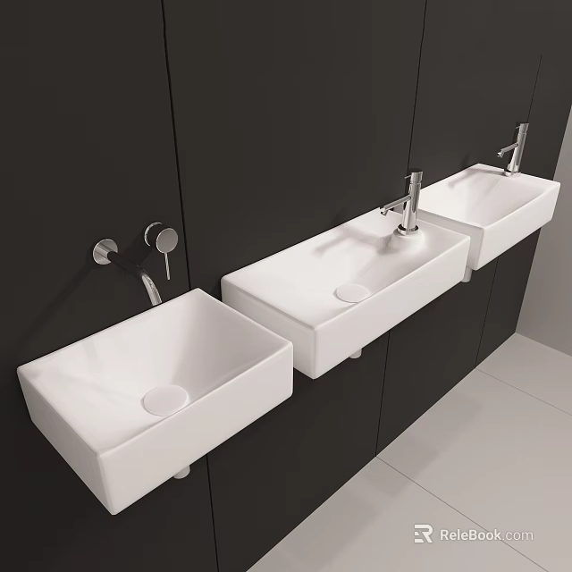 Modern Bathroom Washbasins Design With White Countertops And Chrome Faucets Mounted On Black Wall 3d model 