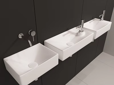 Modern Bathroom Washbasins Design With White Countertops And Chrome Faucets Mounted On Black Wall 3d model