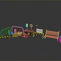Road Safety Equipment Including Barriers Cones Signs Wooden Bench And Trash Can