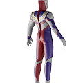 Red Blue White Bodysuit Game And Movie Character With Colorful Chest Stripes And Glowing Gem