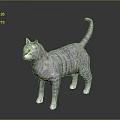 Striped Gray Cat With Yellow Eyes Standing On Black Surface Against Gray Background