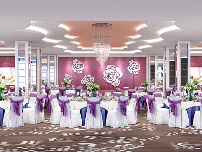 Banquet Hall with Pink Walls Rose Patterns Chandelier White Tables Chairs Purple Ribbons Flower Decorations 3d model