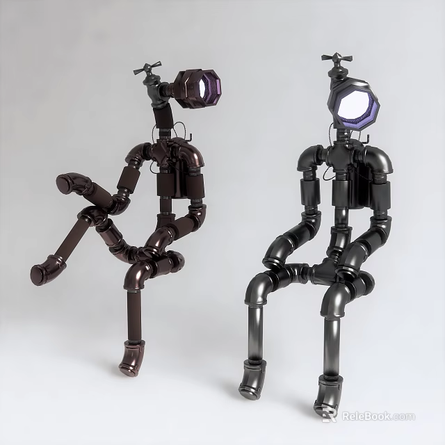 Robot Shaped Electric Toys With Articulated Joints Head Devices And Glowing Eyes Metallic Finish 3d model 