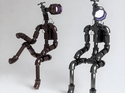 Robot Shaped Electric Toys With Articulated Joints Head Devices And Glowing Eyes Metallic Finish 3d model