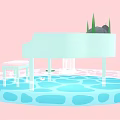 Cartoon Scene Featuring White Piano In Water With Lily Pads Stones Grass And Bench