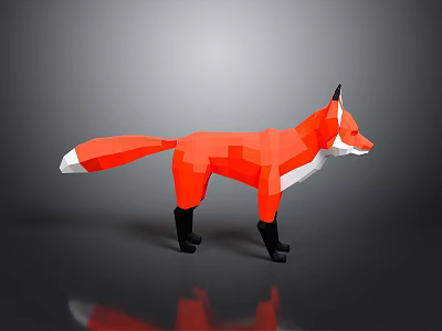 Red Fox 3D Model in Low Poly Style on Gray Background with Reflection 3d model