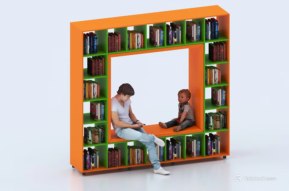 Modern Orange Square Shaped Bookcase With Open Center And People Sitting Inside Full Of Books 3d model 