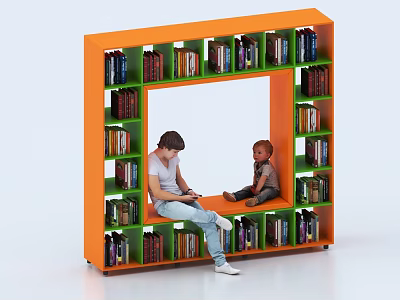 Modern Orange Square Shaped Bookcase With Open Center And People Sitting Inside Full Of Books 3d model