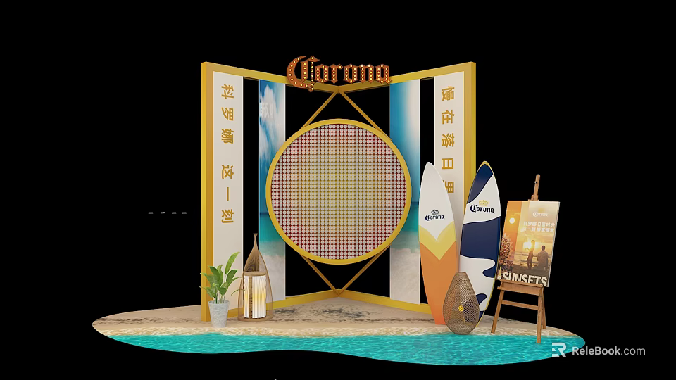 Chroma Themed Display With Surfboards Pool Easel And Potted Plant 3d model 
