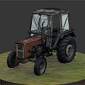 Old Orange Green Tractor Model With Large Tires On Green Circular Base