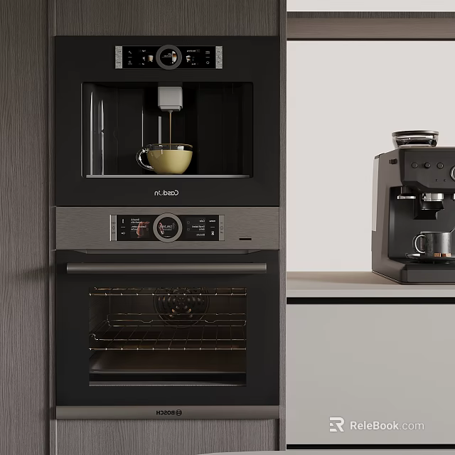 Sleek Modern Kitchen Coffee Machine And Oven With Digital Controls And Black Finish 3d model 