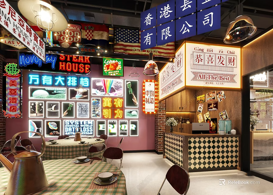 Hong Kong Style Restaurant With Neon Signs And Vintage Decor 3d model 