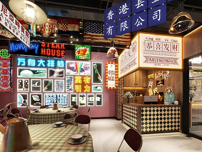 Hong Kong Style Restaurant With Neon Signs And Vintage Decor 3d model