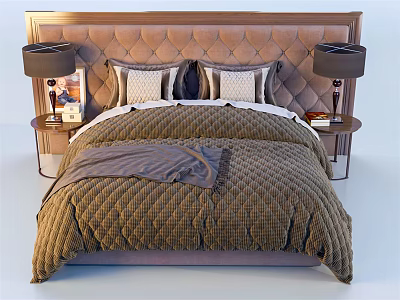 Elegant Double Bed With Tufted Brown Headboard Quilt Pillows And Nightstand Table Lamps 3d model