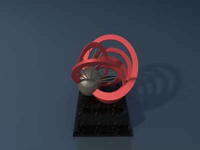 Modern Abstract Red Circular Ring Sculpture With Golden Sphere On Black Base 3d model