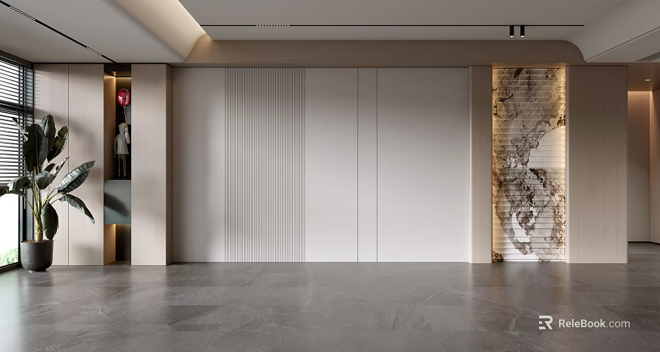 Modern Minimalist Sofa Backdrop Wall Interior Design With White Vertical Stripes And Textured Accent 3d model