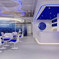 Modern Specialty Store Interior With Circular Layout White Blue Display Shelves Screens And Chairs