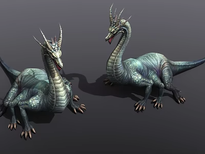 Two Mythical Reptiles With Green Scales Horns Long Necks And Claws 3d model