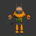 Game Movie Character Orange Robot With Yellow Antennas Transparent Head Mechanical Arms And Green Frog
