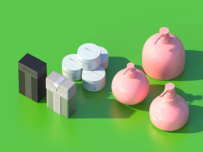 Household Products With Black Gray Boxes White Round Containers And Pink Pump Bottles On Green 3d model