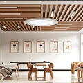 Interior Space With Wooden Slat Ceiling Circular Light TV Chinese Paintings And Furniture