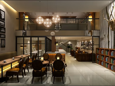 Modern Restaurant Interior With Dining Tables Chairs Pendant Lights And Bookshelves 3d model