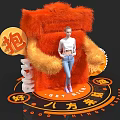 Orange Plush Bear Decorative Setup With Get Rich Fortune And Woman Standing