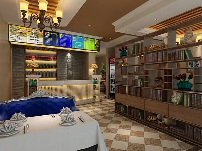 Modern Internet Cafe Interior With Chandelier Digital Menu Board Bar Counter Bookshelves And Green Plants 3d model