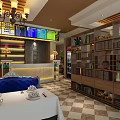 Modern Internet Cafe Interior With Chandelier Digital Menu Board Bar Counter Bookshelves And Green Plants