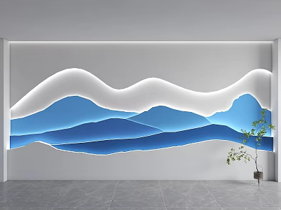 Modern White Wall Design With Undulating Blue And White Layers Illuminated Lighting And Green Plant 3d model