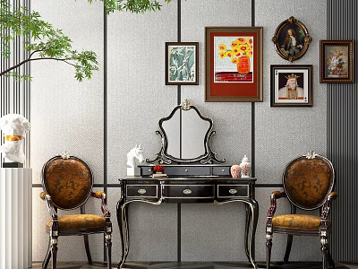 Elegant Classic Dressing Table Interior With Ornate Mirror Armchairs And Framed Paintings 3d model