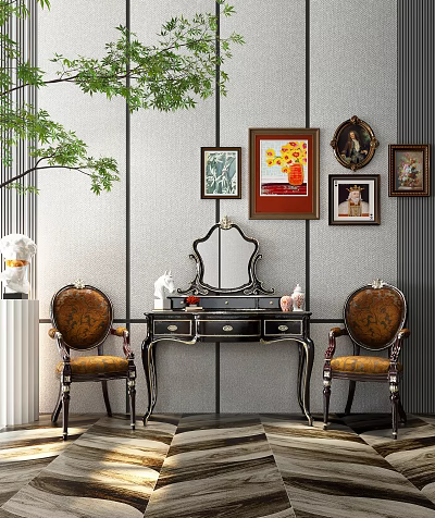 Elegant Classic Dressing Table Interior With Ornate Mirror Armchairs And Framed Paintings 3d model