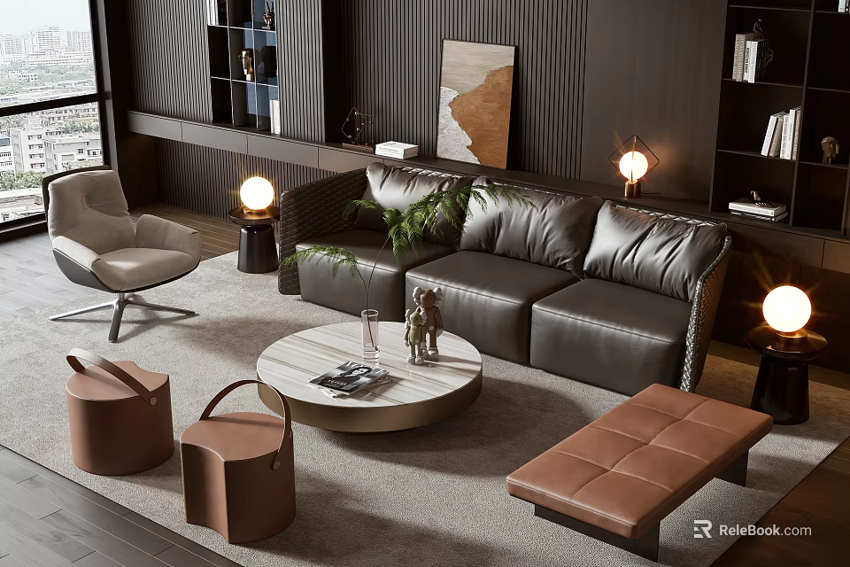 Modern Leather Sofa Round Coffee Table With Green Plant Floor Lamp And Wall Art 3d model 