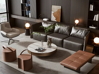 Modern Leather Sofa Round Coffee Table With Green Plant Floor Lamp And Wall Art 3d model
